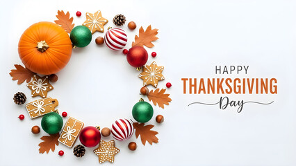 Thanksgiving holiday wreath decoration with pumpkin, ornaments, gingerbread cookies, and autumn leaves on a white background