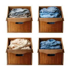 Four boxes filled with folded and unfolded clothing