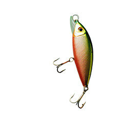 Colorful, metallic lure with hooks. Black background