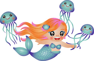Cartoon Mermaid with Jellyfish Watercolor Illustration