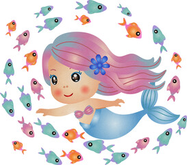Watercolor Illustration of Mermaid with Fish