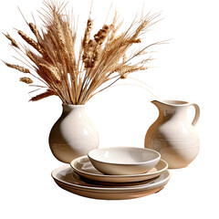 Beige pottery, wheat, and plates against a dark background