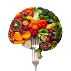 Human brain illustration composed of colorful healthy foods