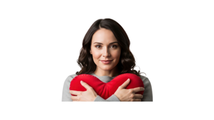 Woman holding a red heart pillow