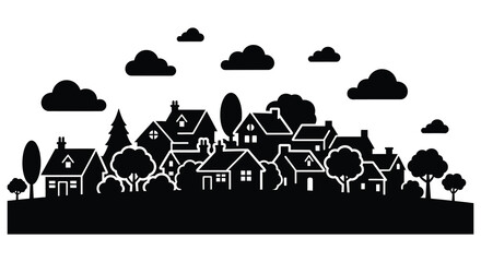 A striking black and white cityscape with fluffy clouds above captured as a bold silhouette © RMvectors02