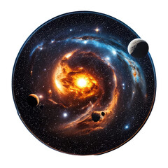 A cosmic spiral galaxy with planets on a black void