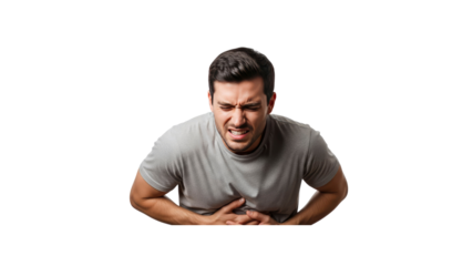 Man experiencing stomach pain on Transparent Background