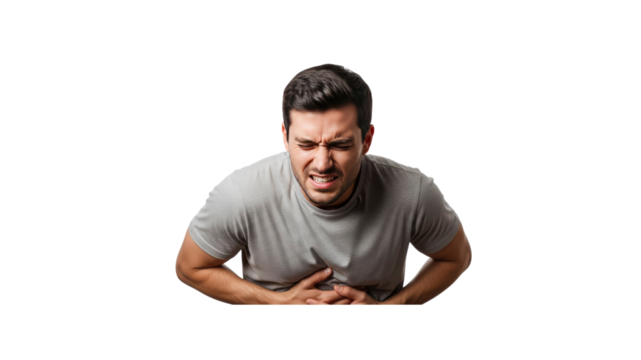 Man experiencing stomach pain on Transparent Background - Powered by Adobe