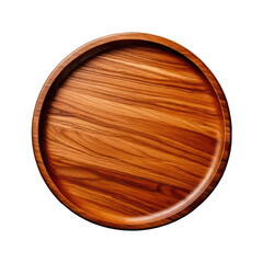 Circular, brown, wooden tray with a dark background