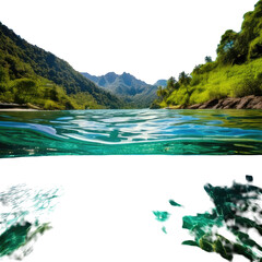 Split view of clear lake with mountains and forest