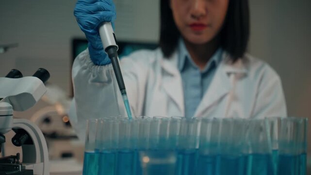 Focused young Asian female scientist using a micropipette to dispense blue liquid into a row of test tubes in a modern research laboratory