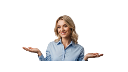 Woman gesturing with open palms on black