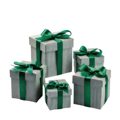 Five wrapped presents, gray boxes, emerald ribbons