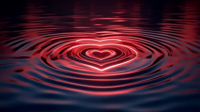 A heart-shaped ripple effect glows on dark water with rising dust particles in a cinematic Valentine background