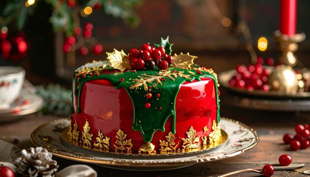 Festive red cake with glossy glaze, gold details, and holly. Holiday feast ambiance