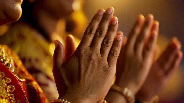 Close-up of hands clapping in rhythmic devotion during a Hindu Aarti ceremony, soft warm light from diya, cinematic 4k.