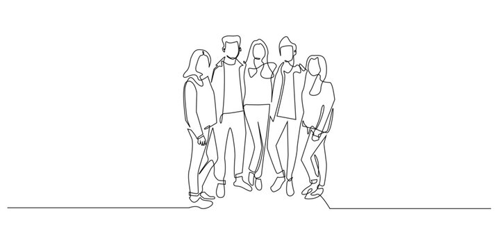 Continuous line drawing Gen Z youth group standing together.friendship, diversity, and modern social connection. Single line suitable for lifestyle, community, and youth culture themes.
