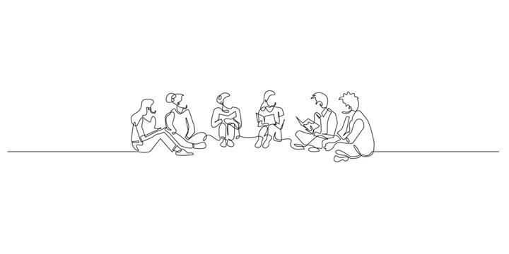 Continuous line drawing of young men and women sitting together in a circle reading books, symbolizing learning discussion and shared knowledge. Single line for education community and teamwork.