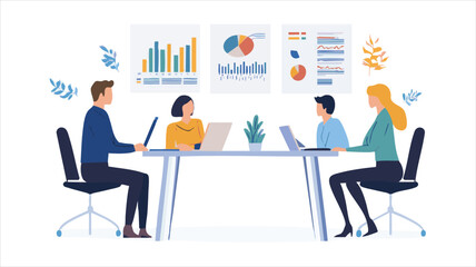 vector Business team meeting around table, reviewing data.  