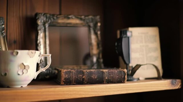 Vintage porcelain cup rests on wooden shelf beside ornate picture frames and antique book