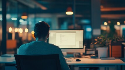 A man is seated at a desk with two monitors powered on. He's wearing a sweater and is deeply focused on his work. The room has dim lighting.