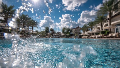 Sparkling pool water splashes under sunny skies with palm trees