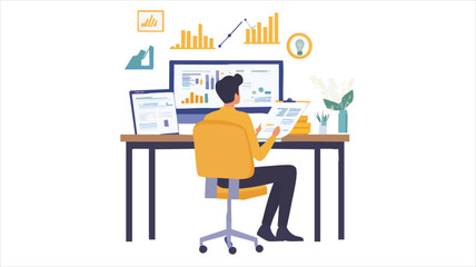 vector Person analyzing data on computer