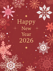 Happy New Year 2026 with Decorative Snowflakes on Red Background