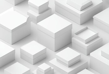 Numerous white paper boxes of various sizes, stacked and arranged on a plain white surface