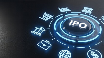 IPO concept with illuminated icons representing finance, investment, and stock indices, showcasing a digital interface for modern investment strategies and opportunities
