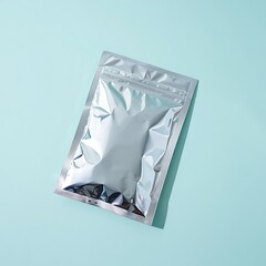 Shiny silver foil pouch on turquoise background for product packaging