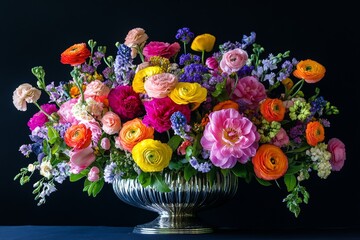 A beautifully arranged bouquet of brightly colored flowers rests in a silver bowl.