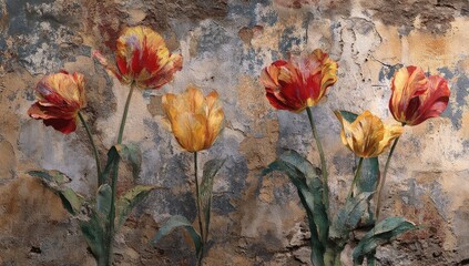 Textured wall backdrop for vibrant, multi-hued tulips in close-up