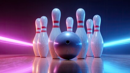 A bowling ball sits in front of ten pins, illuminated by vibrant neon lights