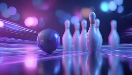 A bowling ball rests on a shiny lane with pins in the background, illuminated by neon lights