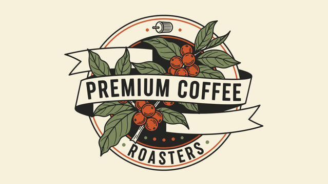 Premium Coffee Roasters Emblem with Coffee Beans and Leaves.
