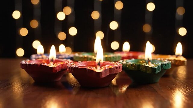 Row of colorful clay lamps with glowing flames and bokeh lights