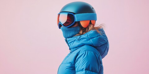 A child wearing a blue coat and helmet with orange goggles