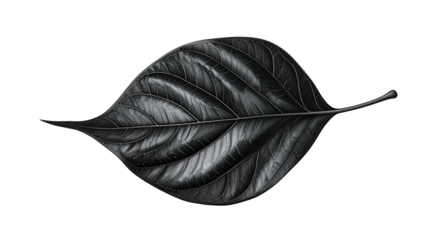 Dark, textured leaf against black, showcasing detailed veins and a glossy sheen - Powered by Adobe
