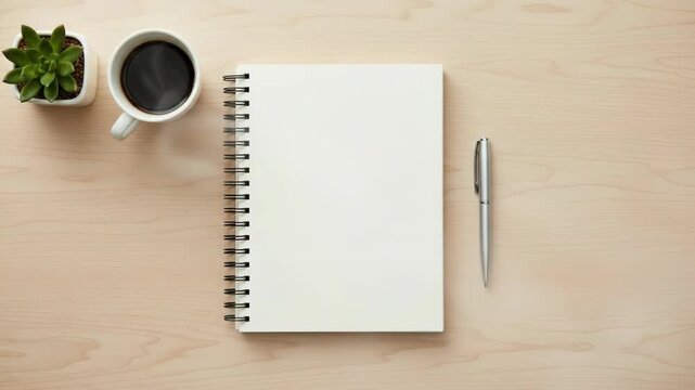 Top View of a Notebook, Coffee Cup, and Pen on a Wooden Desk.