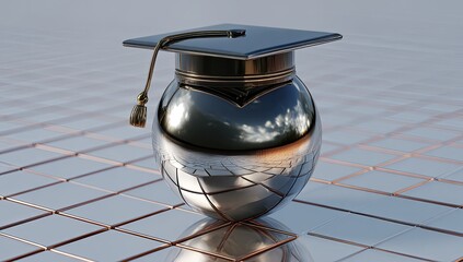 Reflective graduation cap atop a shiny, segmented orb on a tiled surface