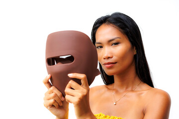 Portrait series of woman interacting with LED facial mask for skincare, beauty tech, and light therapy. Concept of modern wellness and self-care innovation.