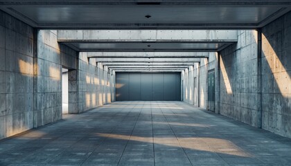 A long, empty concrete corridor with strong light and shadow, creating a minimalist architectural perspective.