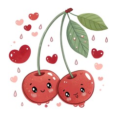 Red dripping cherries. illustration in hand drawn cartoon style isolated on white. Cute coquette cherries love design