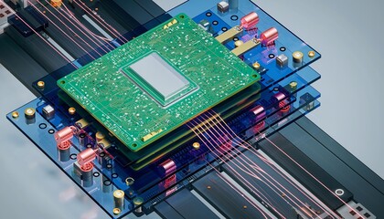 A detailed rendering of a multi-layered computer chip and circuit board assembly with visible data pathways.