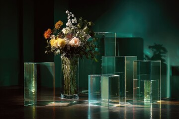 Elegant floral arrangement displayed with prismatic glass blocks