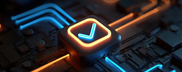 Neon checkmark on intricate circuit board with glowing orange and blue lines