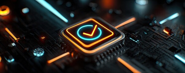 A glowing checkmark symbol on a dark circuit board with neon lights