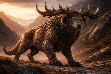 Mythisches Fantasy-Wesen mit gewaltigem Geweih in epischer Landschaft