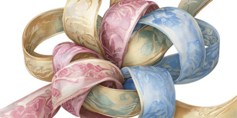 Illustration featuring intertwined pastel-colored ribbons with floral patterns and a soft, painterly aesthetic
